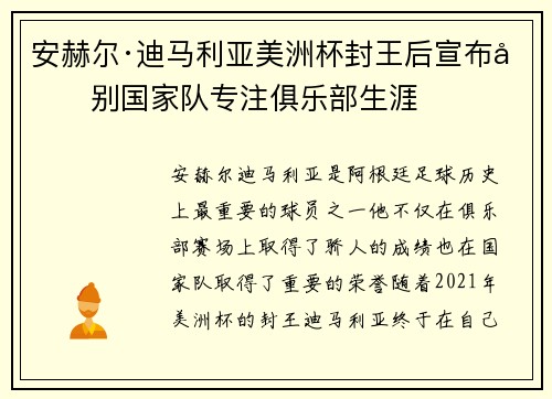 安赫尔·迪马利亚美洲杯封王后宣布告别国家队专注俱乐部生涯